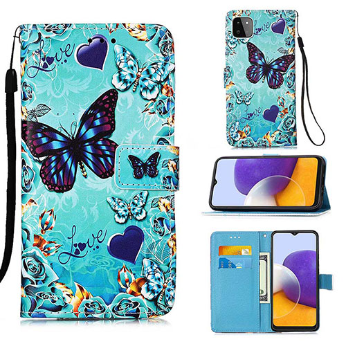 Leather Case Stands Fashionable Pattern Flip Cover Holder Y02B for Samsung Galaxy A22s 5G Sky Blue