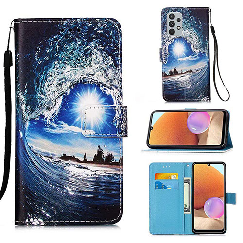 Leather Case Stands Fashionable Pattern Flip Cover Holder Y02B for Samsung Galaxy A32 4G Navy Blue