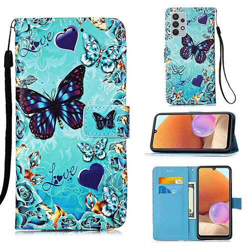 Leather Case Stands Fashionable Pattern Flip Cover Holder Y02B for Samsung Galaxy A32 4G Sky Blue