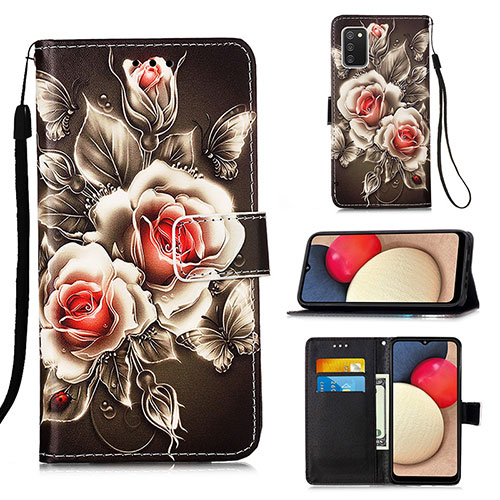 Leather Case Stands Fashionable Pattern Flip Cover Holder Y02B for Samsung Galaxy F02S SM-E025F Black