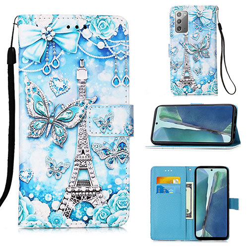 Leather Case Stands Fashionable Pattern Flip Cover Holder Y02B for Samsung Galaxy Note 20 5G Mint Blue