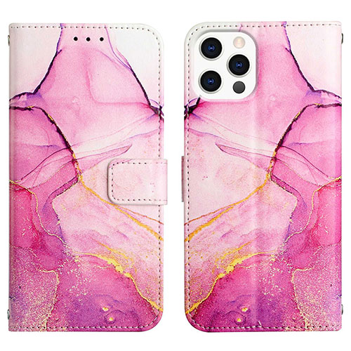 Leather Case Stands Fashionable Pattern Flip Cover Holder Y04B for Apple iPhone 16 Pro Hot Pink