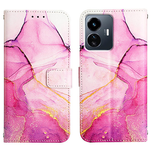 Leather Case Stands Fashionable Pattern Flip Cover Holder Y04B for Vivo iQOO Z6 Lite 5G Hot Pink