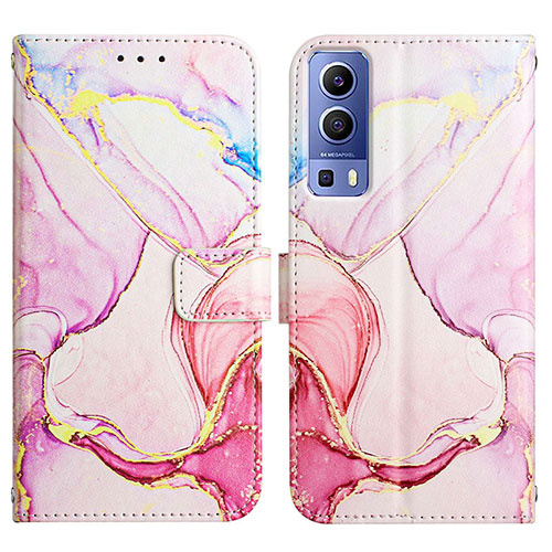 Leather Case Stands Fashionable Pattern Flip Cover Holder Y04B for Vivo Y72 5G Pink