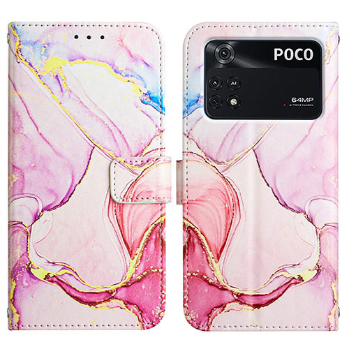 Leather Case Stands Fashionable Pattern Flip Cover Holder Y04B for Xiaomi Poco M4 Pro 4G Pink