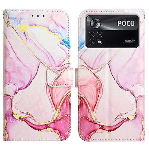 Leather Case Stands Fashionable Pattern Flip Cover Holder Y04B for Xiaomi Poco X4 Pro 5G Pink