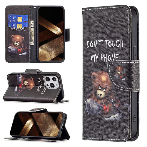 Leather Case Stands Fashionable Pattern Flip Cover L01 Holder for Apple iPhone 14 Pro Black