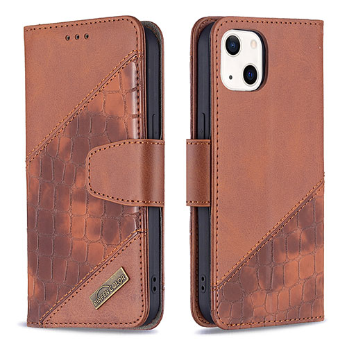 Leather Case Stands Fashionable Pattern Flip Cover L05 Holder for Apple iPhone 13 Mini Brown