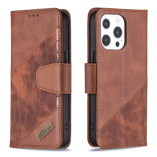 Leather Case Stands Fashionable Pattern Flip Cover L05 Holder for Apple iPhone 13 Pro Brown