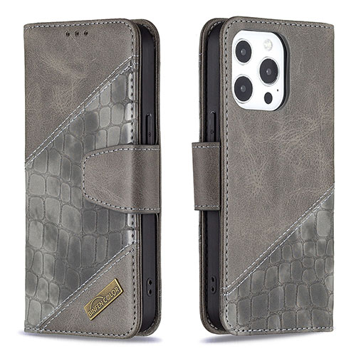 Leather Case Stands Fashionable Pattern Flip Cover L05 Holder for Apple iPhone 13 Pro Max Gray