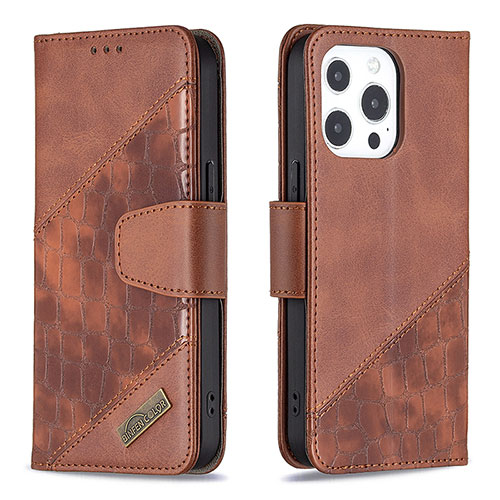 Leather Case Stands Fashionable Pattern Flip Cover L05 Holder for Apple iPhone 14 Pro Brown