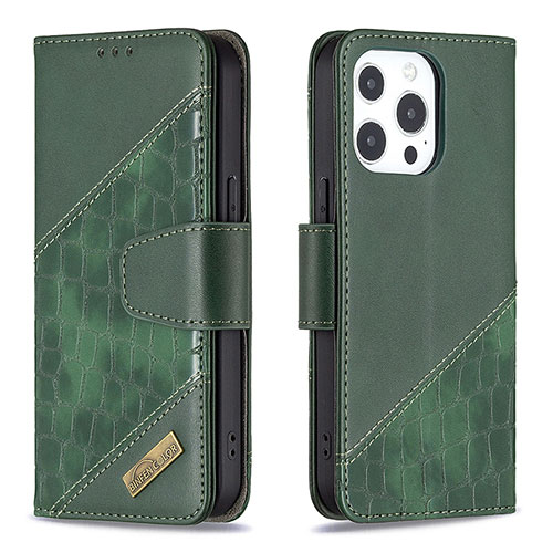 Leather Case Stands Fashionable Pattern Flip Cover L05 Holder for Apple iPhone 15 Pro Green