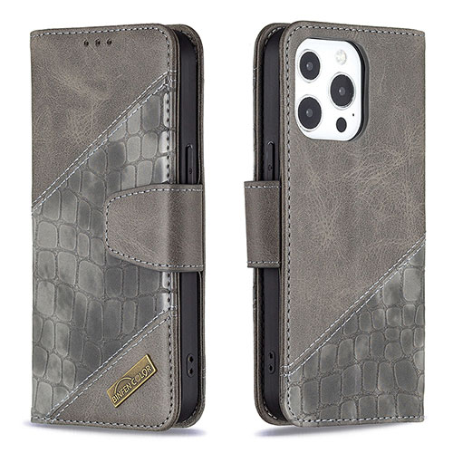 Leather Case Stands Fashionable Pattern Flip Cover L05 Holder for Apple iPhone 15 Pro Max Gray