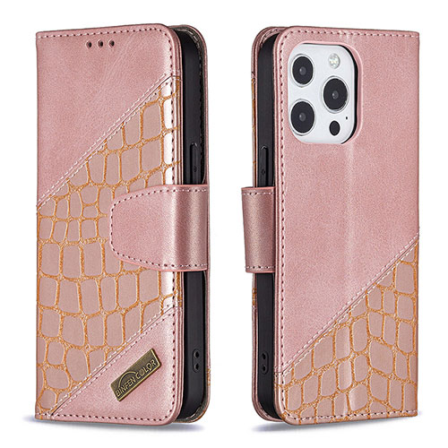 Leather Case Stands Fashionable Pattern Flip Cover L05 Holder for Apple iPhone 15 Pro Max Rose Gold