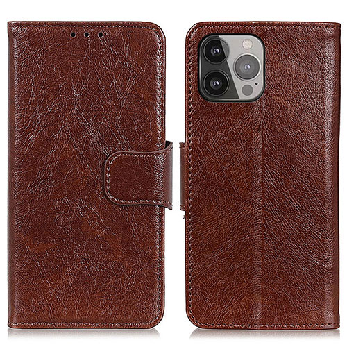 Leather Case Stands Flip Cover A02 Holder for Apple iPhone 15 Pro Brown