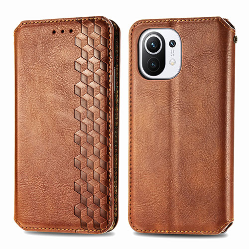 Leather Case Stands Flip Cover C04 Holder for Xiaomi Mi 11 Lite 5G Brown