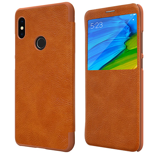 Leather Case Stands Flip Cover for Xiaomi Redmi Note 5 AI Dual Camera Brown