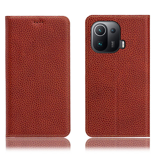 Leather Case Stands Flip Cover H02P Holder for Xiaomi Mi 11 Pro 5G Brown