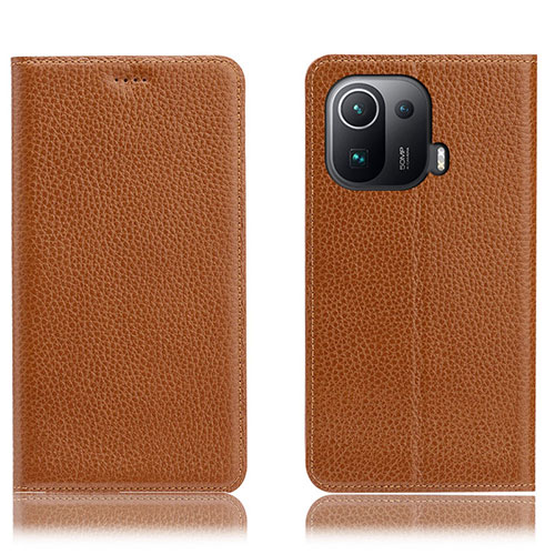 Leather Case Stands Flip Cover H02P Holder for Xiaomi Mi 11 Pro 5G Light Brown