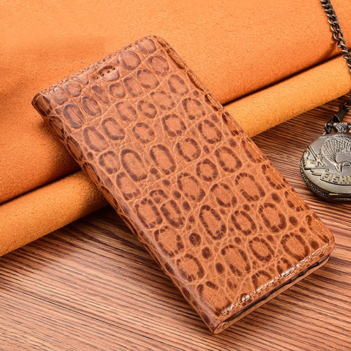 Leather Case Stands Flip Cover H18 Holder for Apple iPhone 15 Light Brown