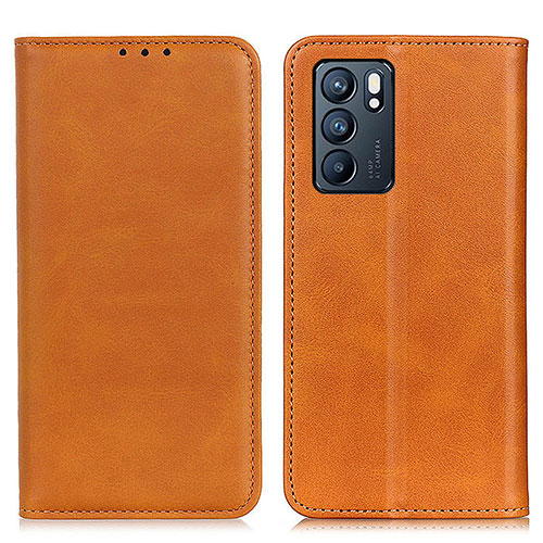 Leather Case Stands Flip Cover Holder A02D for Oppo Reno6 5G Light Brown