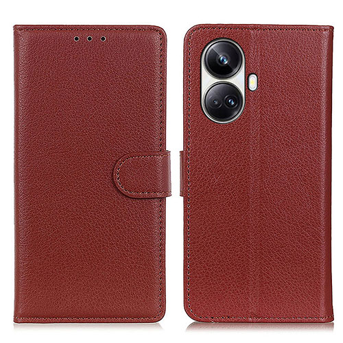 Leather Case Stands Flip Cover Holder A03D for Realme 10 Pro+ Plus 5G Brown