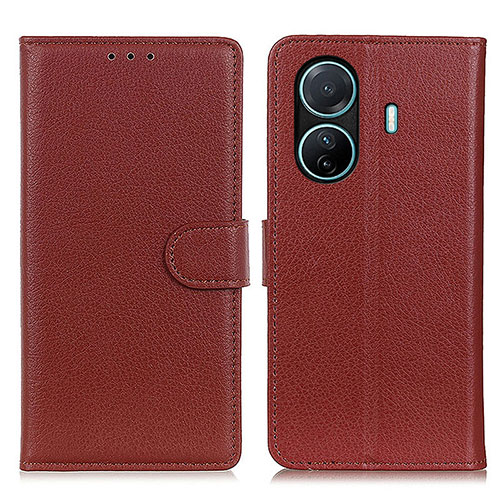 Leather Case Stands Flip Cover Holder A03D for Vivo T1 Pro 5G Brown