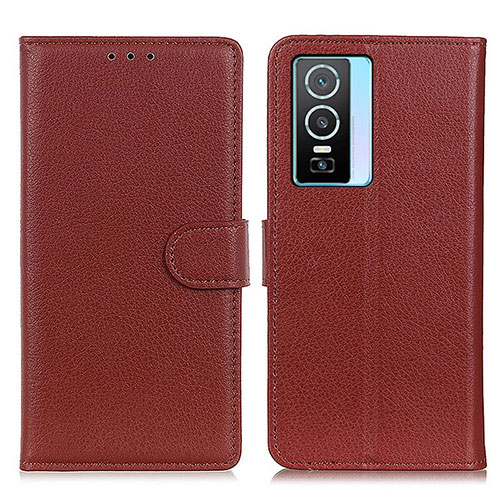 Leather Case Stands Flip Cover Holder A03D for Vivo Y76s 5G Brown