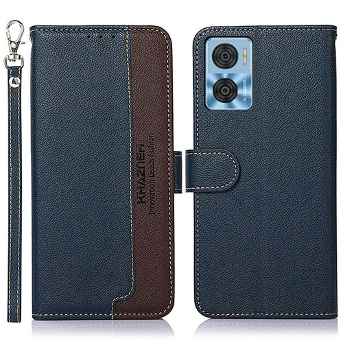 Leather Case Stands Flip Cover Holder A09D for Motorola Moto E22 Blue