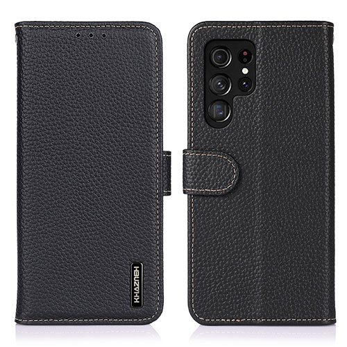 Leather Case Stands Flip Cover Holder B01H for Samsung Galaxy S22 Ultra 5G Black