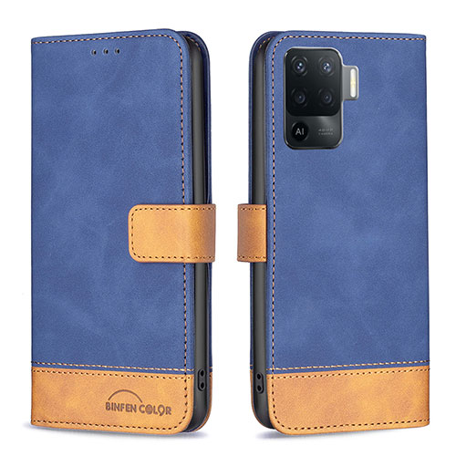 Leather Case Stands Flip Cover Holder B02F for Oppo Reno5 Lite Blue