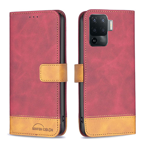 Leather Case Stands Flip Cover Holder B02F for Oppo Reno5 Lite Red