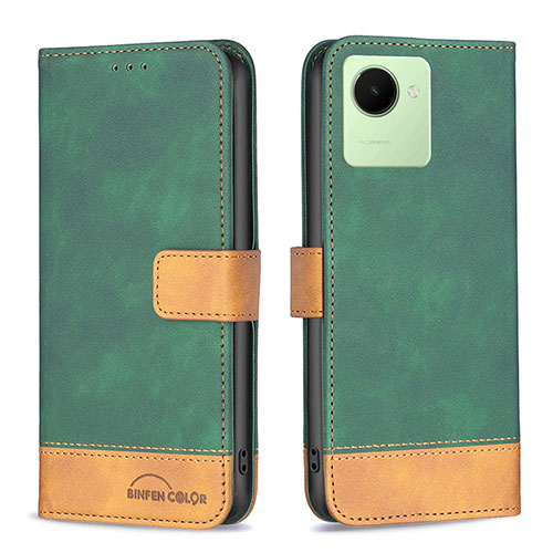 Leather Case Stands Flip Cover Holder B02F for Realme C30 Green