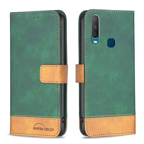 Leather Case Stands Flip Cover Holder B02F for Vivo Y12 Green