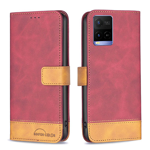 Leather Case Stands Flip Cover Holder B02F for Vivo Y21 Red