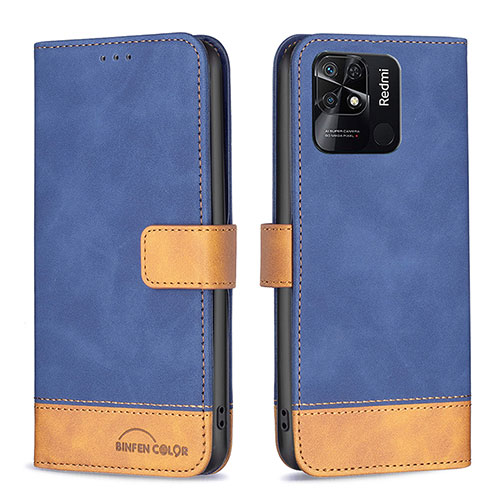 Leather Case Stands Flip Cover Holder B02F for Xiaomi Redmi 10 India Blue