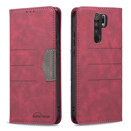 Leather Case Stands Flip Cover Holder B02F for Xiaomi Redmi 9 Prime India Red