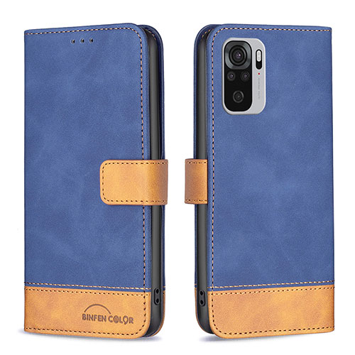 Leather Case Stands Flip Cover Holder B02F for Xiaomi Redmi Note 10 4G Blue