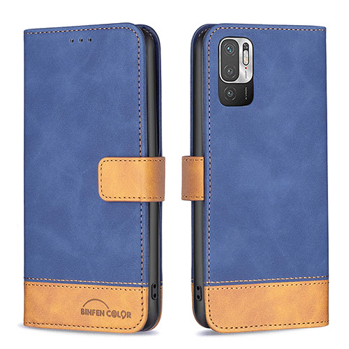 Leather Case Stands Flip Cover Holder B02F for Xiaomi Redmi Note 10 5G Blue