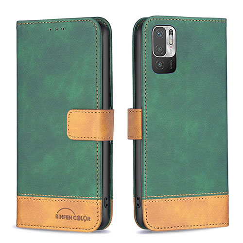 Leather Case Stands Flip Cover Holder B02F for Xiaomi Redmi Note 10T 5G Green