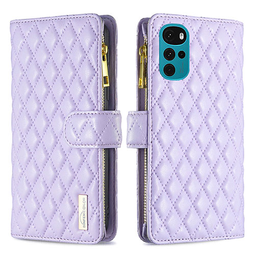 Leather Case Stands Flip Cover Holder B03F for Motorola Moto G22 Purple