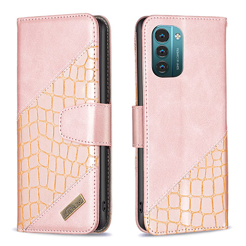 Leather Case Stands Flip Cover Holder B03F for Nokia G11 Rose Gold