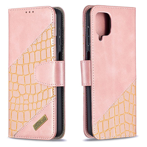 Leather Case Stands Flip Cover Holder B03F for Samsung Galaxy A12 Rose Gold