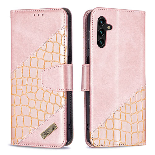 Leather Case Stands Flip Cover Holder B03F for Samsung Galaxy A13 5G Rose Gold