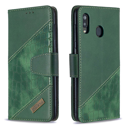 Leather Case Stands Flip Cover Holder B03F for Samsung Galaxy A20 Green