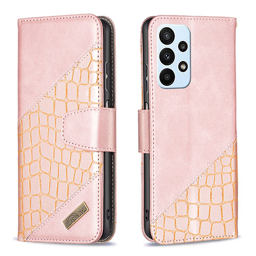 Leather Case Stands Flip Cover Holder B03F for Samsung Galaxy A23 5G Rose Gold