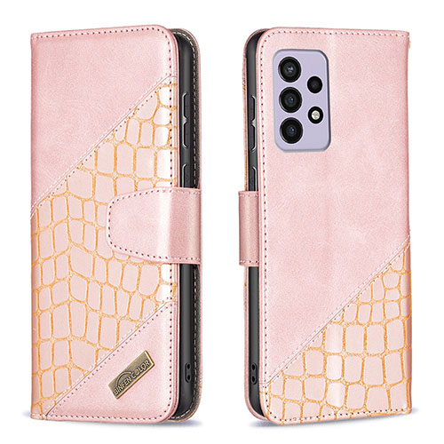 Leather Case Stands Flip Cover Holder B03F for Samsung Galaxy A33 5G Rose Gold