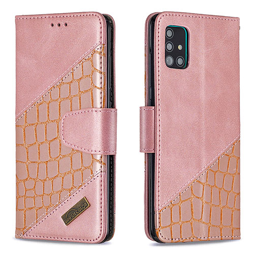 Leather Case Stands Flip Cover Holder B03F for Samsung Galaxy A51 4G Rose Gold