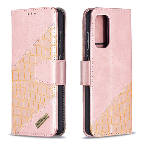 Leather Case Stands Flip Cover Holder B03F for Samsung Galaxy A72 5G Rose Gold