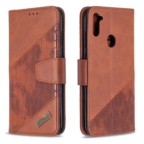 Leather Case Stands Flip Cover Holder B03F for Samsung Galaxy M11 Brown